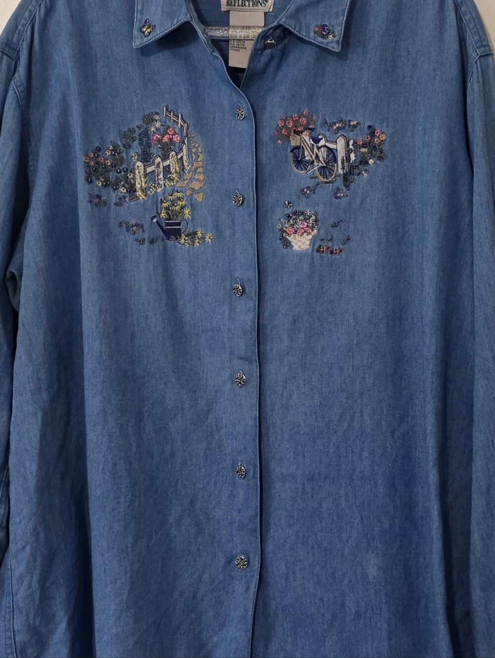 Vintage 9Os Embroidered Denim Shirt Cottagecore Garden Floral Bicycle Large
